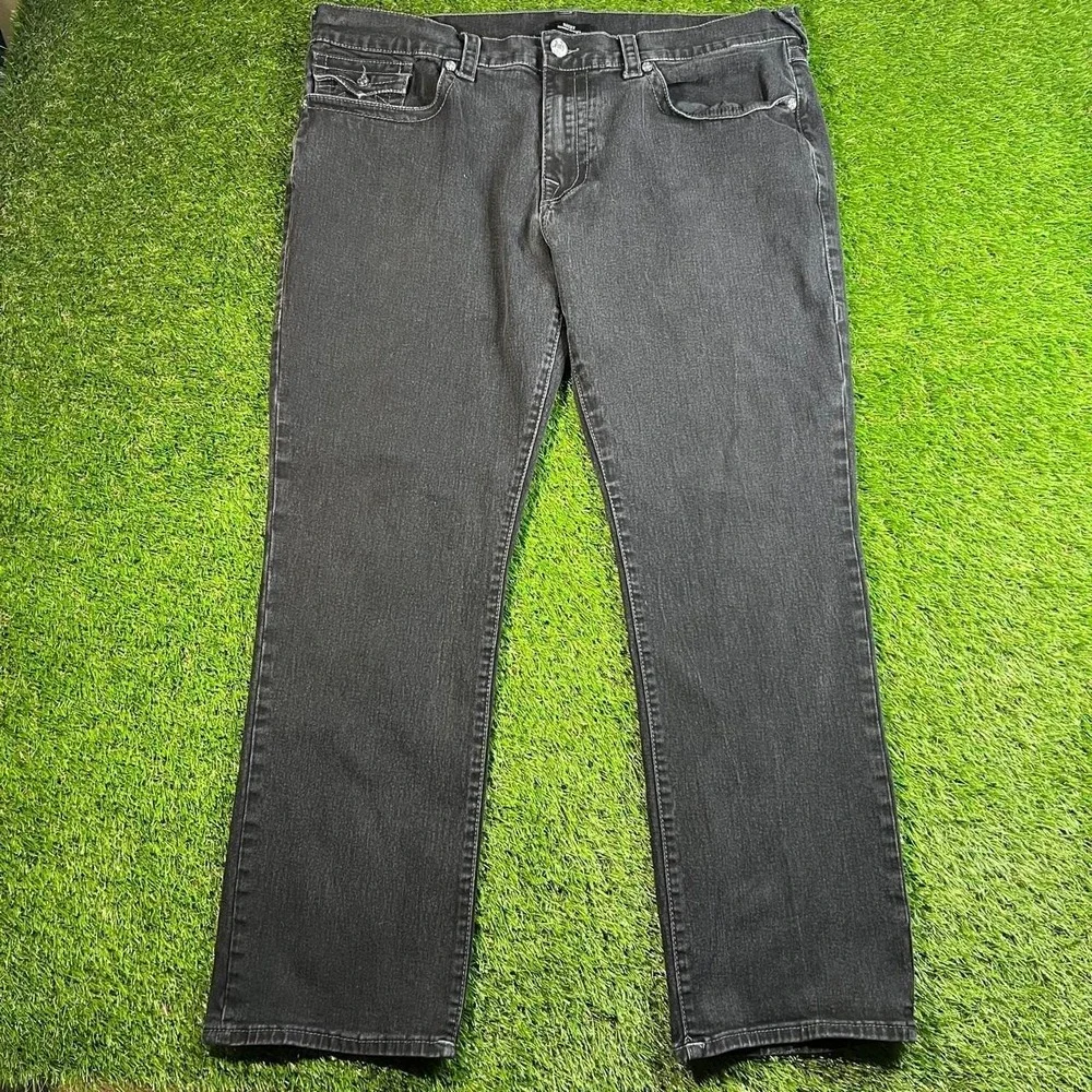 True Religion Ricky Mens 40 Relaxed Straight Black Jeans Horseshoe Flap Pockets